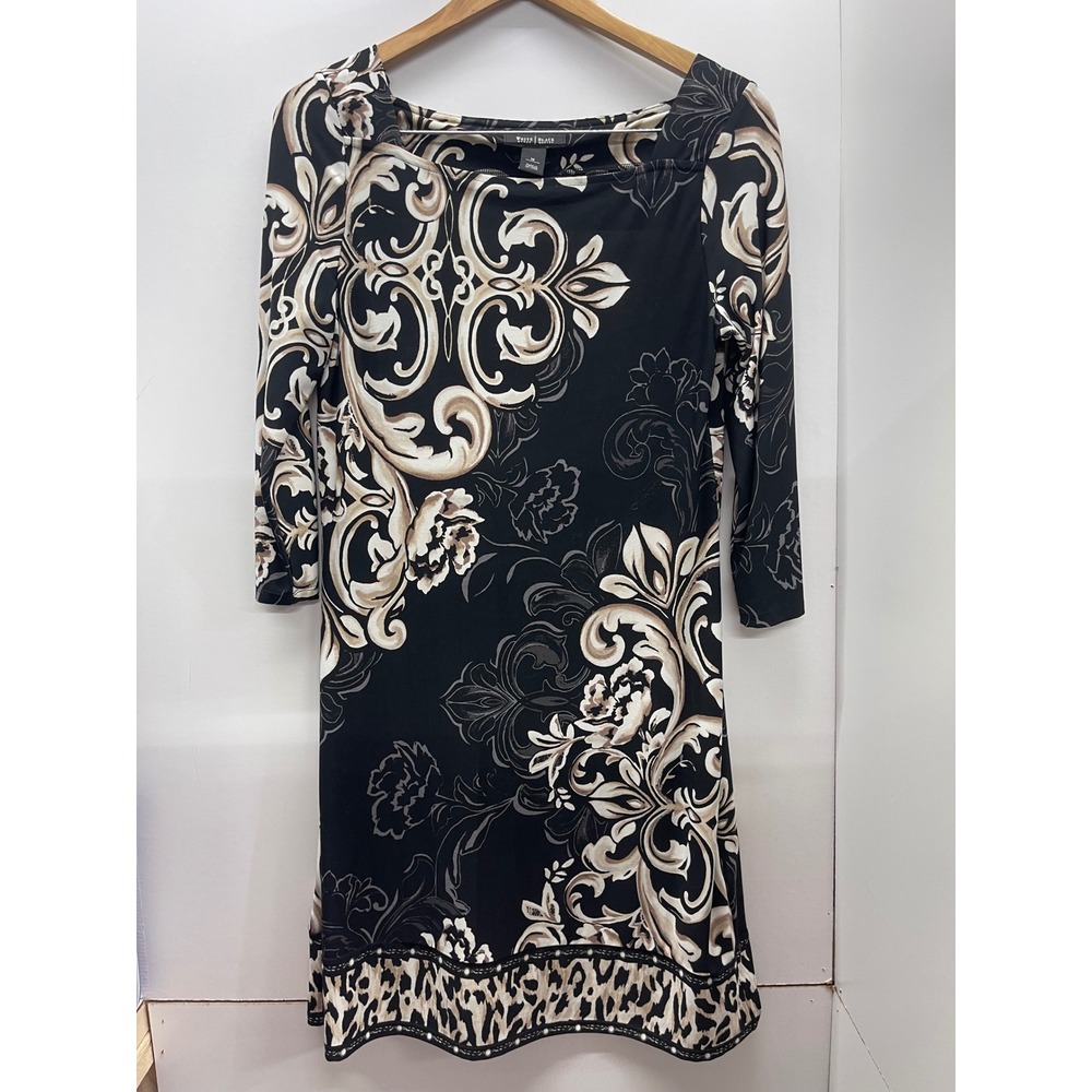 White House Black Market Scroll Leopard Print Sheath Dress Black Tan Size M
